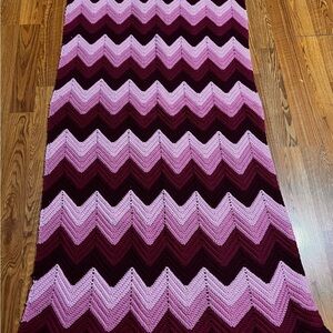 Vtg Crochet Afghan Throw Lap Blanket  73x34 Mauve Pink Chevron Cottage Core